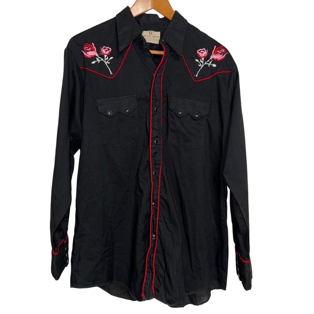 Vintage 80s Dee Cee Brand Black Western Shirt Red Embroidery Size L